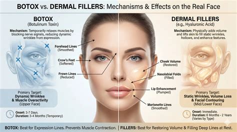 comparison graphic showing the effect of Botox vs. dermal fillers on forehead wrinkles