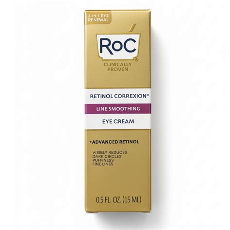 Product shot of RoC Retinol Correxion Line Smoothing Eye Cream with its signature gold packaging.