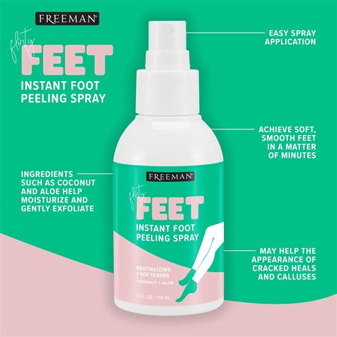 A close-up shot of feet being sprayed with the Freeman Flirty Feet Coconut and Aloe spray, showcasing a fine mist.