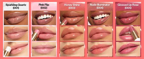 A collage of different lip gloss textures and finishes: high shine, tinted, shimmery, and plumping.