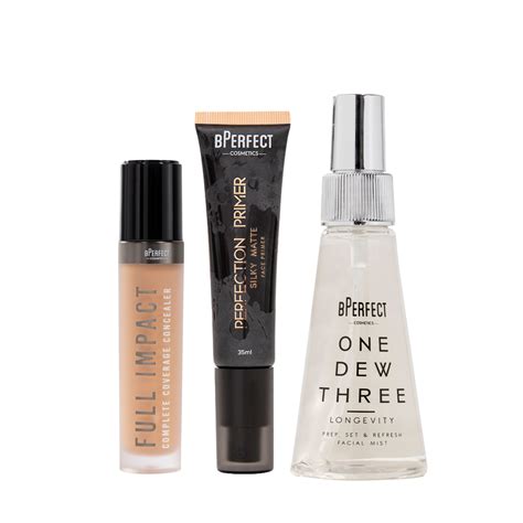 A selection of makeup products including primer, concealer, foundation, and setting powder.