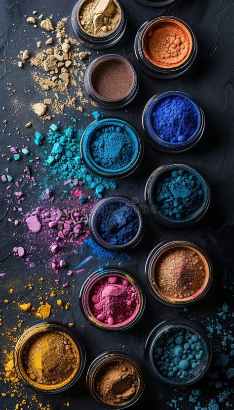 Close-up of various mineral makeup powders and brushes.