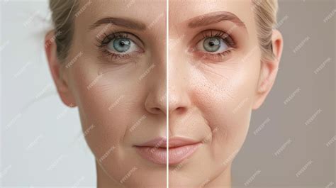 A split image showing a face with and without foundation, highlighting the evening of skin tone.