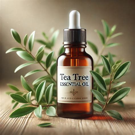 A close-up photo of tea tree leaves and a bottle of tea tree essential oil.