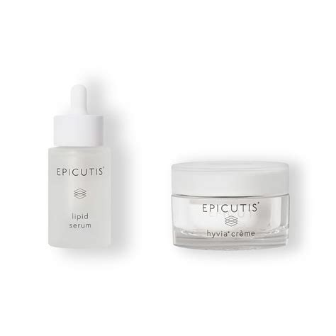 Product packaging of the Epicutis Luxury Skincare Set, showcasing the Lipid Serum and Hyvia Crème bottles.