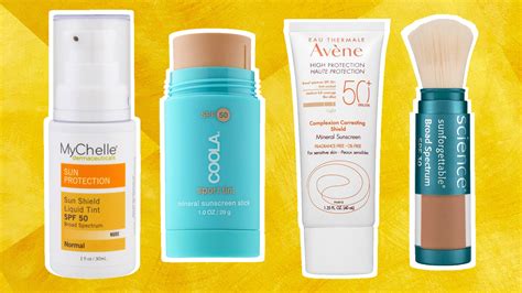 Collage of recommended tinted sunscreen product packaging.