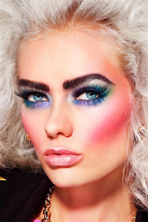 Collage of iconic 80s makeup looks: bright eyeshadow, bold blush, and voluminous hair.