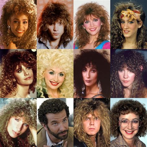 Collage of diverse 80s hairstyles: big permed hair, mullets, teased bangs, and high ponytails.