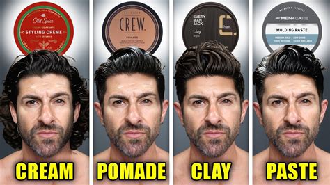 A comparison chart of different hair styling product textures (cream, paste, pomade).