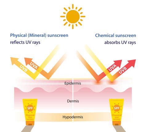 Diagram illustrating how zinc oxide physically blocks UV rays compared to chemical sunscreens absorbing them.