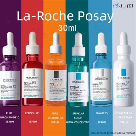 Visual representation of the La Roche-Posay serum range, with icons indicating the primary benefit of each (hydration, brightening, acne control).