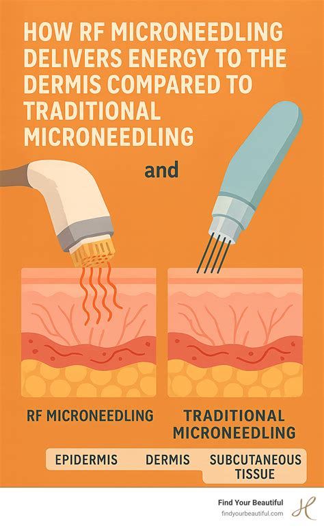 Infographic comparing traditional microneedling and RF microneedling, highlighting the addition of heat energy in RF microneedling.