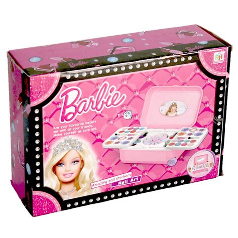 Illustrative image of various Barbie makeup set toys, showcasing colorful packaging and toy cosmetics.