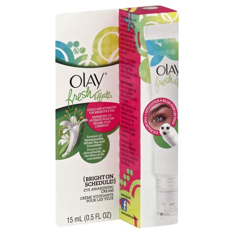 An image of the Olay Fresh Effects Bright on Schedule Eye Awakening Cream packaging, highlighting the tri-roller ball applicator.