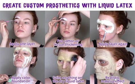 Comparison chart of different makeup adhesives: liquid latex, Elmer's glue, spirit gum, and lash glue.