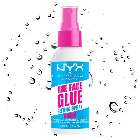 Product shot of NYX Face Glue Primer and Setting Spray with user review snippets.