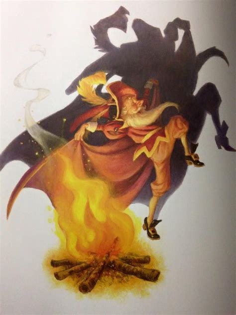 Illustration of Rumpelstiltskin dancing around a fire, singing his name.