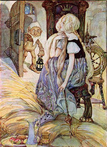 An illustration depicting the miller's daughter weeping in a room filled with straw, with Rumpelstiltskin appearing before her.