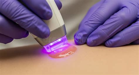 Close-up image of a dermatologist performing laser treatment on a skin lesion