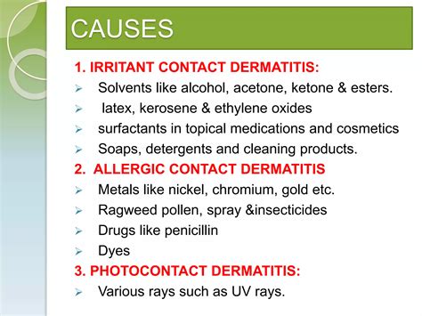 Illustration showing common causes of contact dermatitis, such as poison ivy, chemicals, and jewelry.
