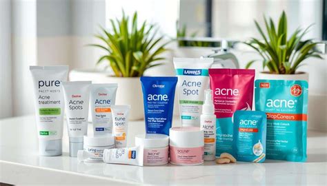 Collage of common over-the-counter acne treatment products with key ingredients highlighted.