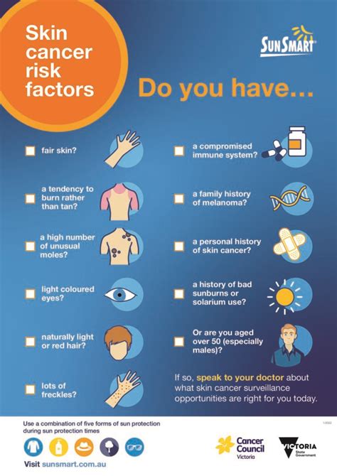 Infographic showing factors that increase skin cancer risk, including sunburn history and skin type.