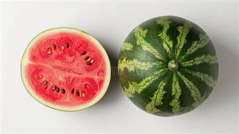 An artistic shot of a whole watermelon next to a sliced watermelon, highlighting the contrast between the red flesh and the green rind.