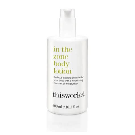 Illustration of the This Works In The Zone Body Lotion bottle with eucalyptus leaves and other botanicals
