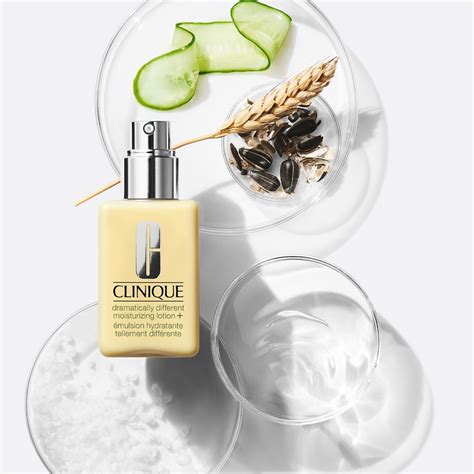 A collection of Clinique skincare products, including the Dramatically Different Moisturising Lotion, arranged aesthetically.