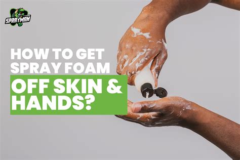 Close-up image of hands with fresh spray foam, with an arrow pointing to a paper towel dabbing it off