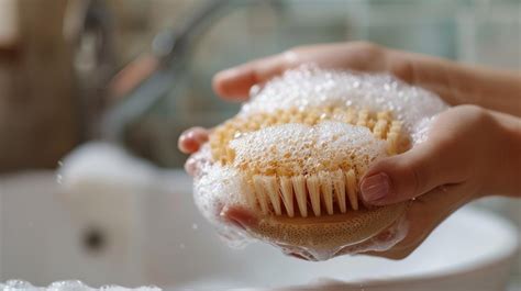 Hands soaking in a bowl of warm, soapy water with a gentle scrub brush nearby