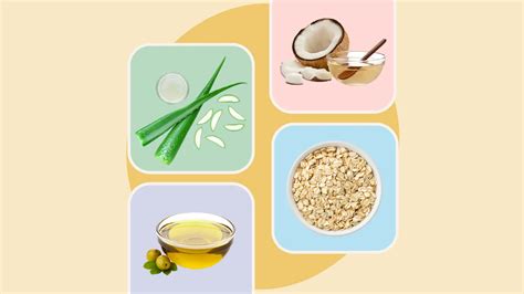 Collage of natural remedies for psoriasis: aloe vera plant, oatmeal, Epsom salts, turmeric powder, and Oregon grape extract.