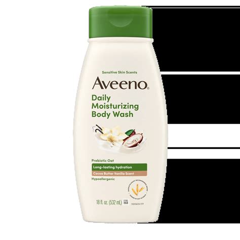 Illustration of the Aveeno Daily Moisturizing Body Wash bottle with cocoa butter and vanilla bean accents.