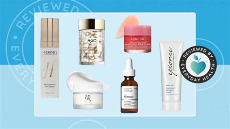 Collage of various skincare products, emphasizing serums, moisturizers, and cleansers suitable for sensitive aging skin.