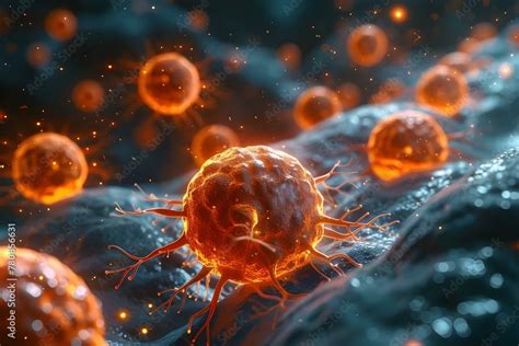 Close-up medical illustration of T-cells attacking melanoma cells.