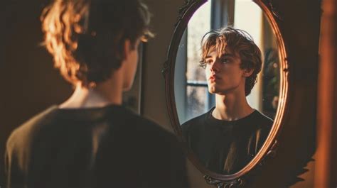A person thoughtfully looking in a mirror, contemplating their skin without makeup.