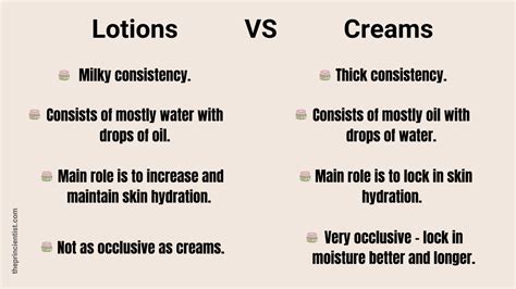 An infographic comparing the texture and oil content of creams and lotions.