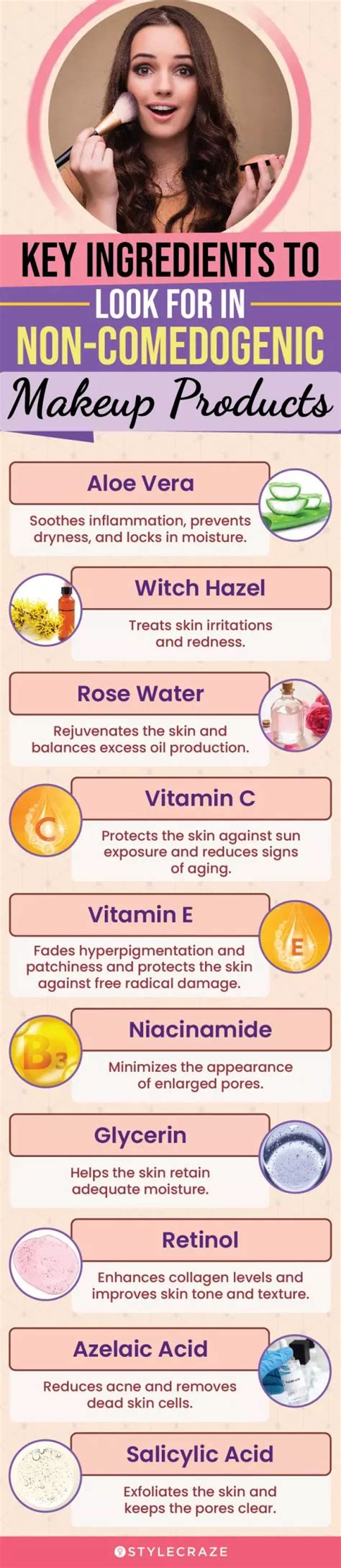 Infographic illustrating comedogenic ingredients to avoid in makeup.