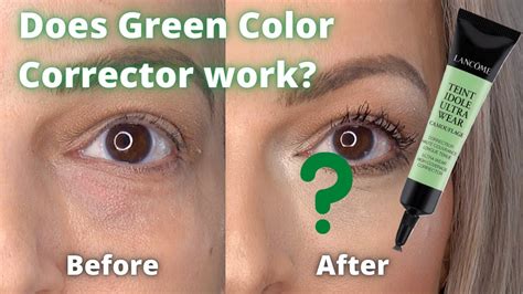 Before and after photos showing the use of green concealer to neutralize redness.