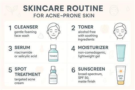 Illustration of a daily skincare routine for acne-prone skin: gentle cleansing, applying serum, moisturizing, and sunscreen.