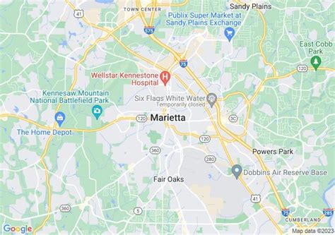 Map showing the location of Marietta Dermatology on Dallas Highway and surrounding businesses