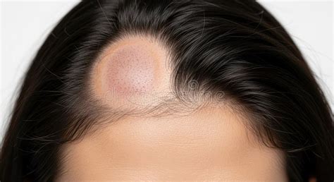 Close-up image showing circular patches of hair loss on a scalp