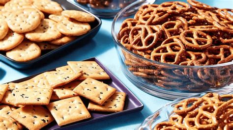 A selection of crackers, bread, and pretzels displayed on a table, representing initial palate cleanser options.