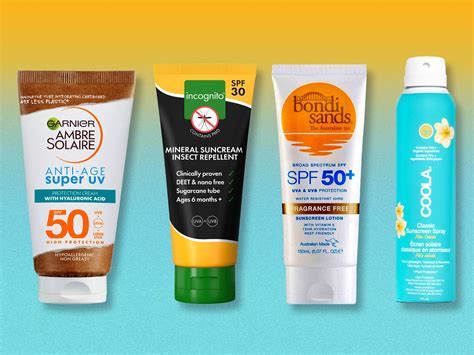 Collage of various body sunscreen products with different textures and packaging.