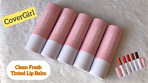 A close-up of the Covergirl Clean Fresh Tinted Lip Balm packaging and swatches of various shades.