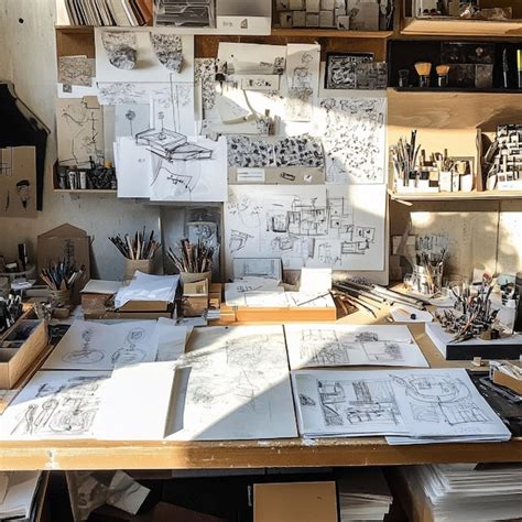 Conceptual art depicting Buffalo Bill's workshop with sewing materials and sketches of a 