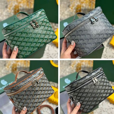 A collage of various stylish designer makeup bags and cosmetic cases.