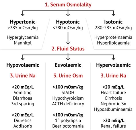 Infographic illustrating the diagnostic pathway for hyponatremia, highlighting the roles of serum osmolality, urine osmolality, and urinary sodium.