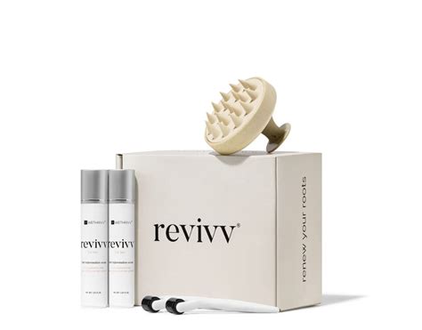 Illustration showing the REVIVV for Him bottle and its application on the scalp.