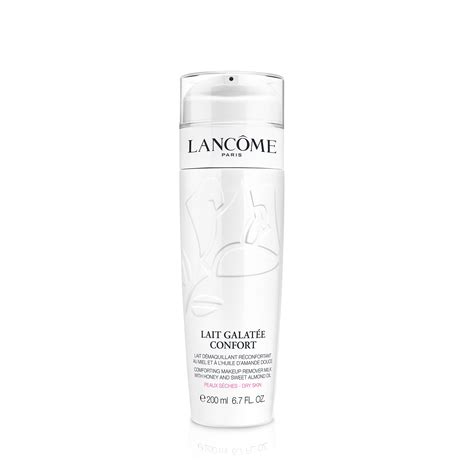 A bottle of Lancôme Lait Galatée Confort cleanser, showcasing its milky texture and elegant packaging.